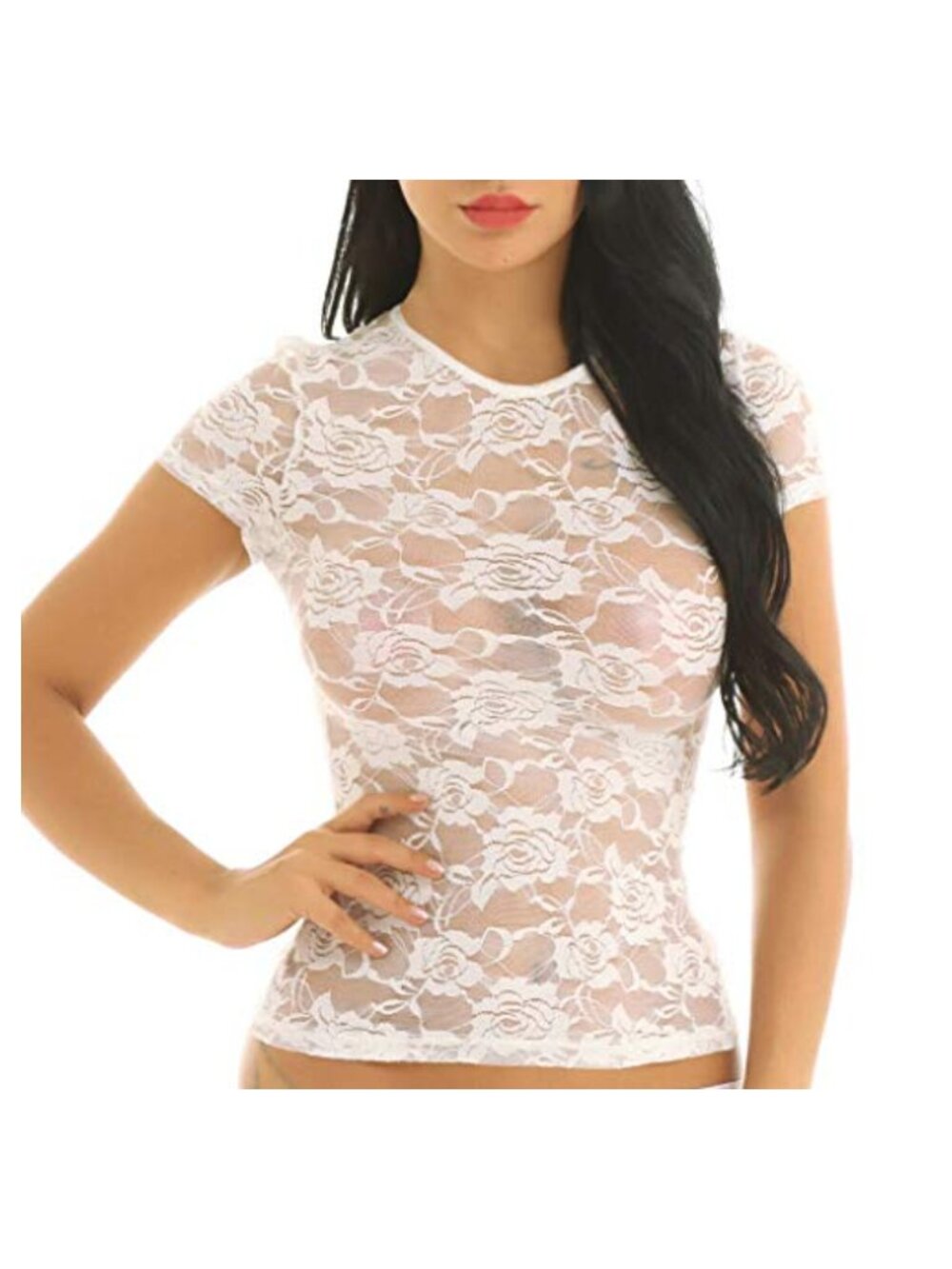 Sheer Lace Mesh Short Sleeve Crop Top Sexy Sleepwear Lingerie
